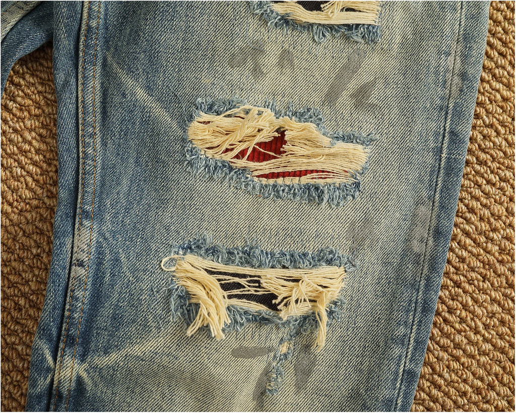2025 Autumn New American Retro Heavyweight Ripped Denim Men's Fashion 100% Cotton Washed Old Straight Tapered Casual Jeans