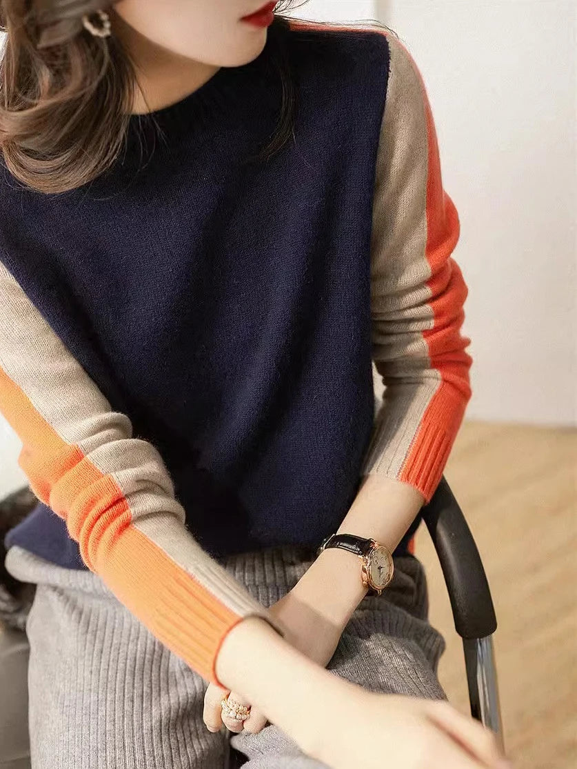 2024 Spring and Autumn New Long Sleeve Color Contrasting Bottom Shirt Women's Casual Versatile Short Knitted Sweater Women's Swe