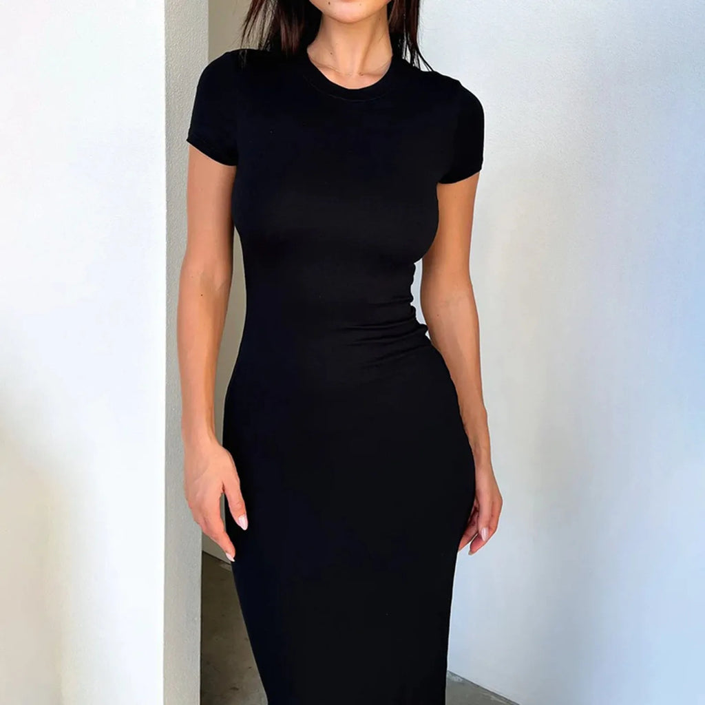 2026 Spring Summer European American Women's Solid Color Slim Fit Waist Hugging Elegant Short Sleeve Fashion Dress
