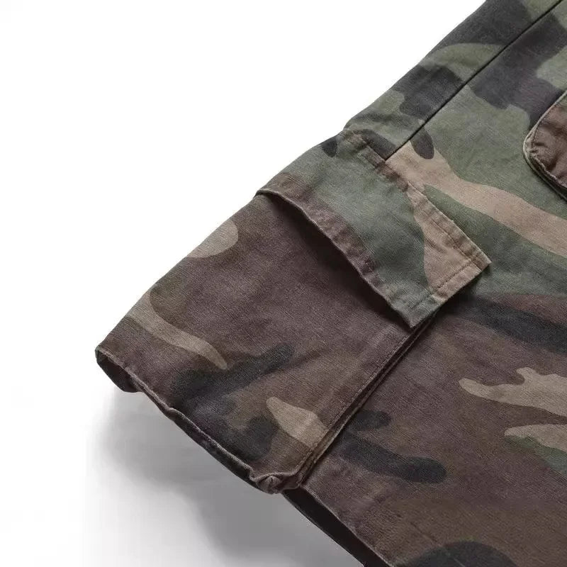Summer New Fashion Men's Multi Pocket Camouflage Drawstring Jeans Knee Length Shorts Casual Trendy Loose Denim Cargo Shorts Male