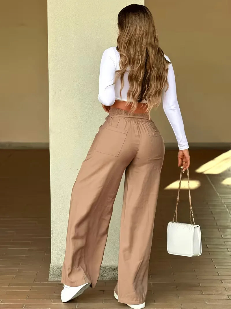 High Waist Solid Color Wide Leg Pants Autumn Chic Loose Elegant Lace-up Long Pant Office Ladies Straight Holiday Women Trousers