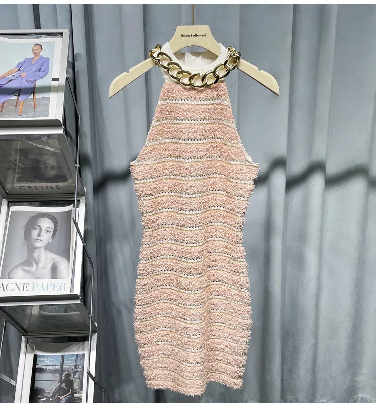 HIGH STREET Newest 2026 Designer Fashion Halter Neck Metal Chain Sleeveless Knit Striped Dress