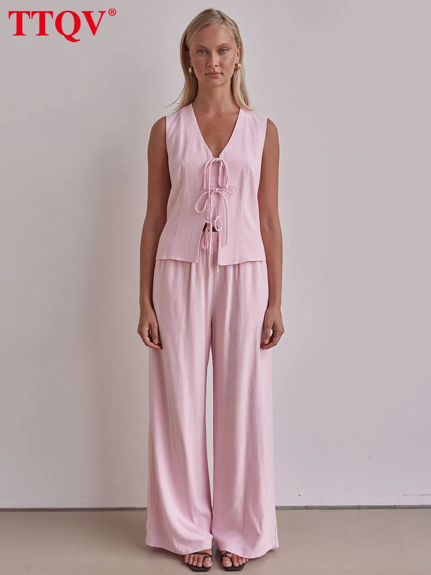 TTQV Summer Loose Pink 2 Piece Sets Woman Outfit Fashion Sleeveless Tank Top With High Waist Wide Pants Set Female Streetwear