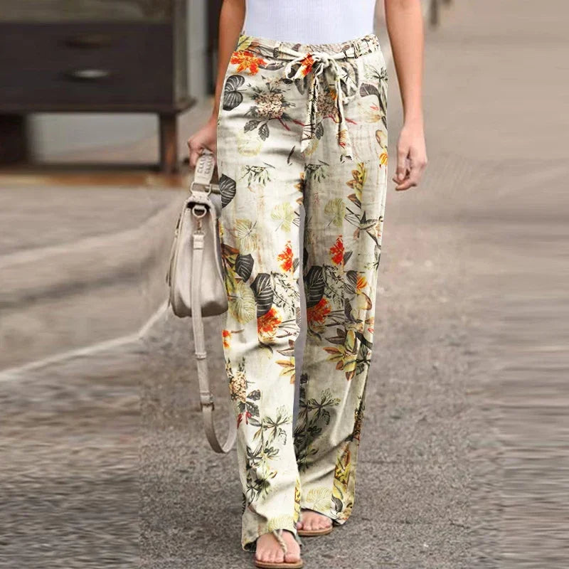 High Waist Drawstring Straight Women Pants 2024 Spring Fashion Loose Trousers Vintage Printed Casual Ladies Wide-Leg Long Pant