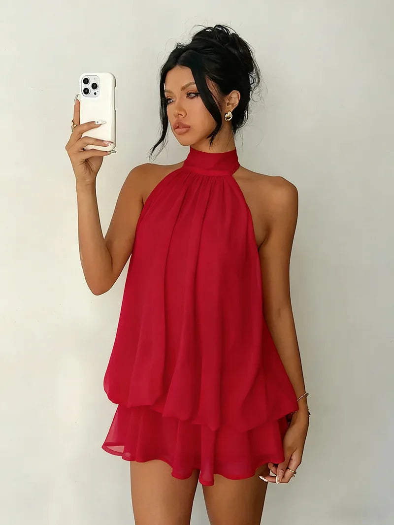 Women Halter Neck Backless Tie Mini Dress Summer Sleeveless Chiffon Ruffle Short Dresses Sexy Club Party Beach Vacation Outfit