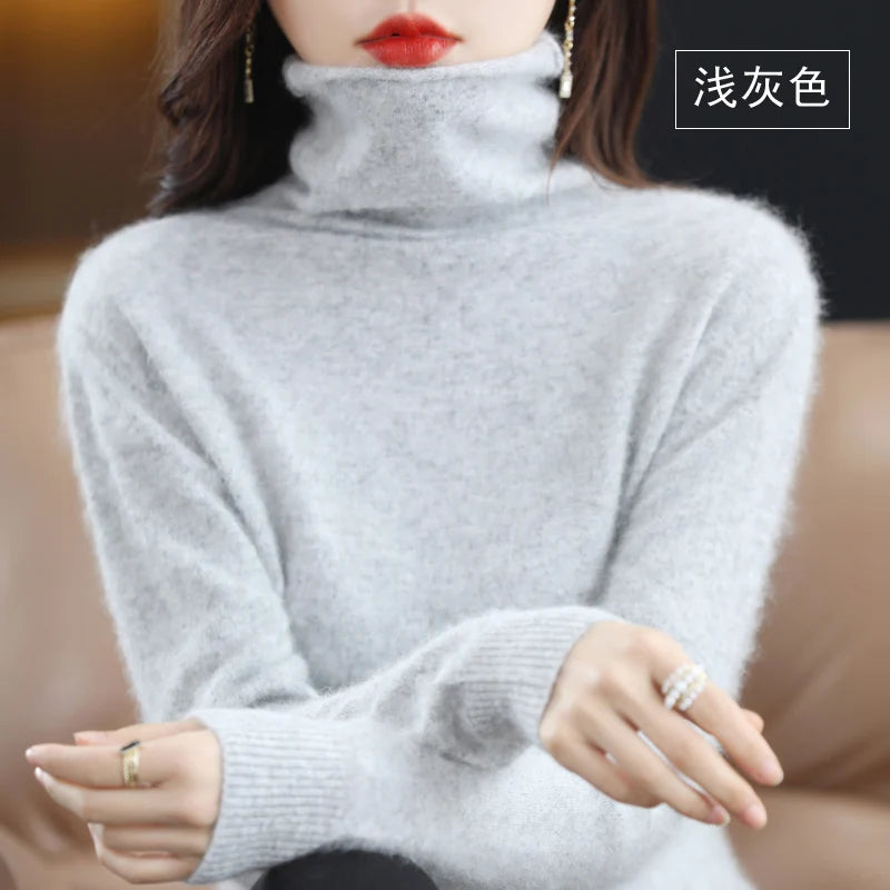 Women's Pile Collar 100% Mink Cashmere Sweater Winter High Collar Knitted Pullover Casual Short Thick Tops Loose Warm Base Shirt