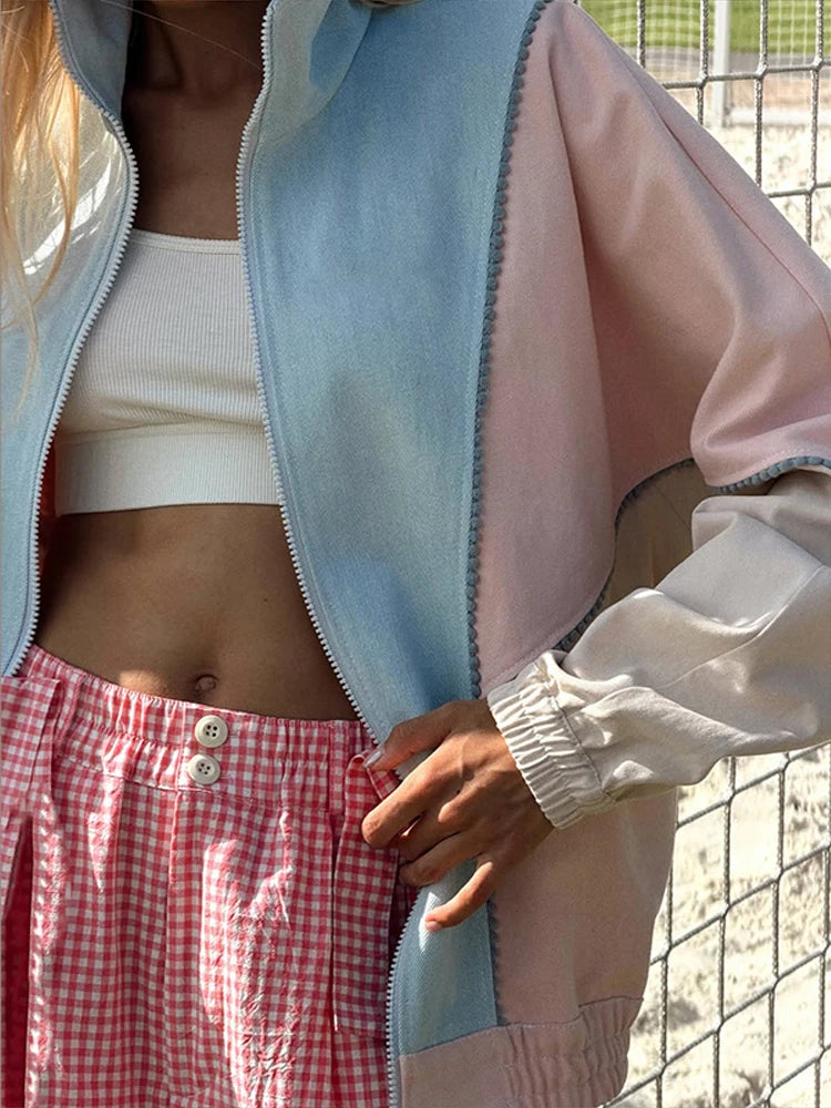 Polka Dot Cropped Windbreaker Jacket, Contrast Pink Seam Piping Side Pockets Loose Outerwear 2026 Autumn Street Daily Lady Coat