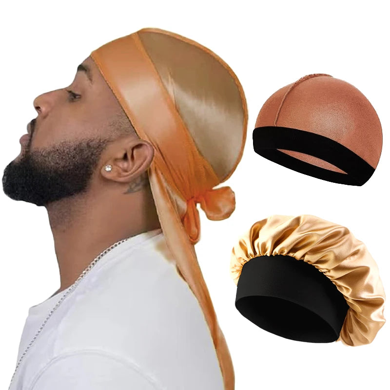 3PCS/LOT Women Men Silky Durag Long Tail Pirate Hat Elastic Bonnet Turban Dome Cap Unisex Bandanas Sleeping Shower Cap Head Wrap