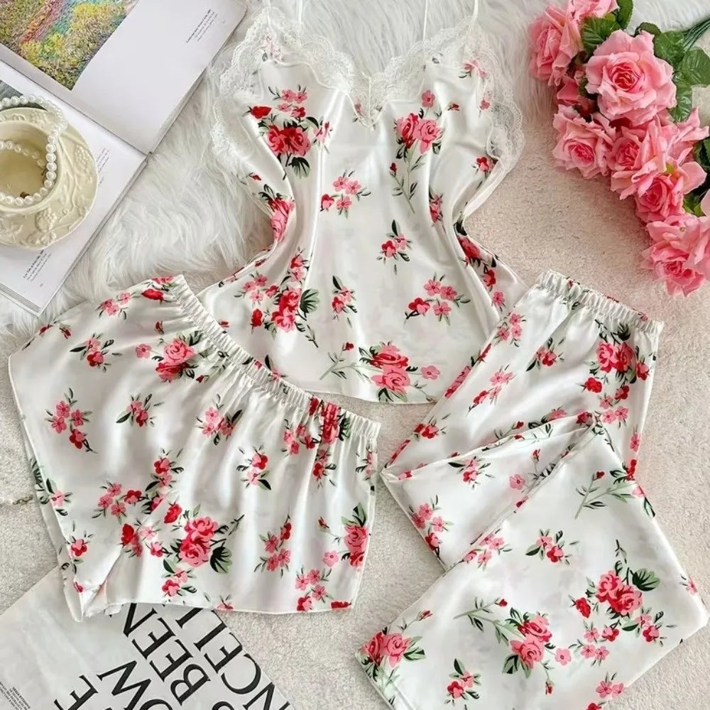 Satin Ice Silk Women's Printed Pajamas Set Floral Printed Shorts And Long Pants Ice Silk Suspender Sleepwear Thin