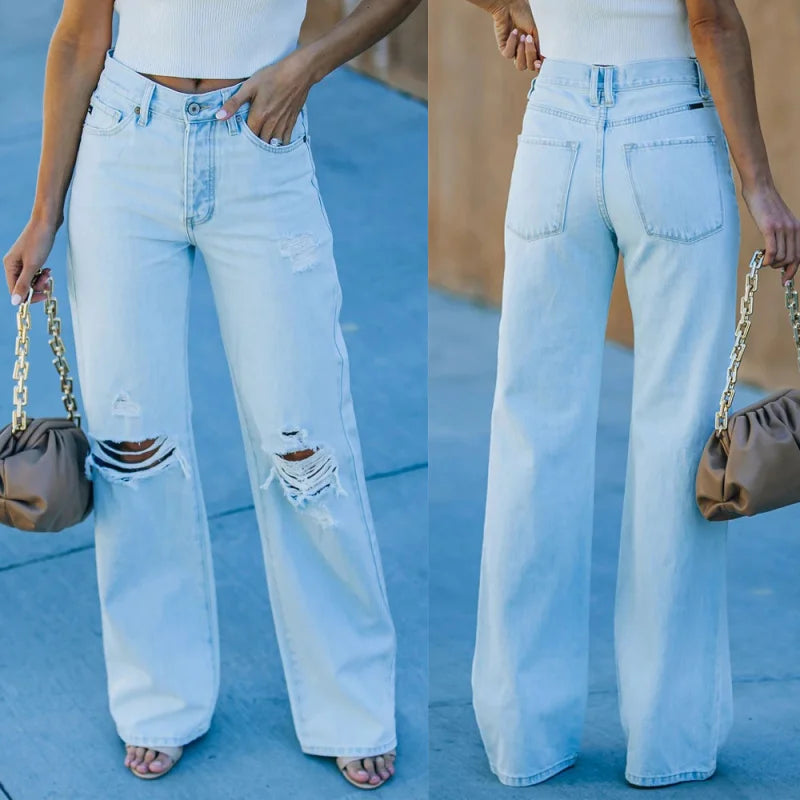 Women's Light Washed Ripped Denim Jeans Casual Trendy High Waist Straight Leg Pants
