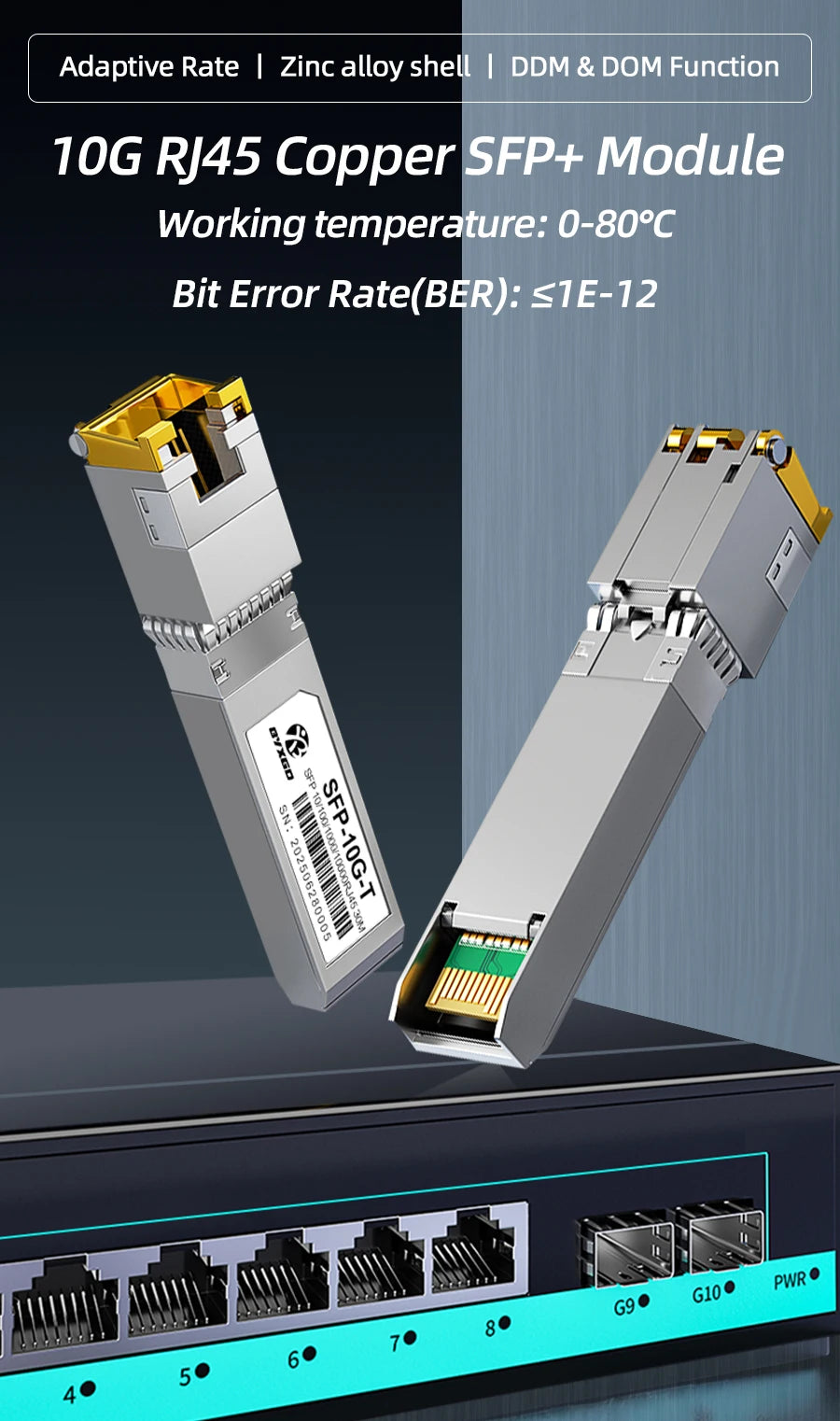 RJ45 SFP Module Adaptive Rate, For Cisco/Mikrotik/Juniper/Ubiquiti/Switch, Hot-Swappable of 1G/10GBASE-T Copper RJ45 SFP+ Module