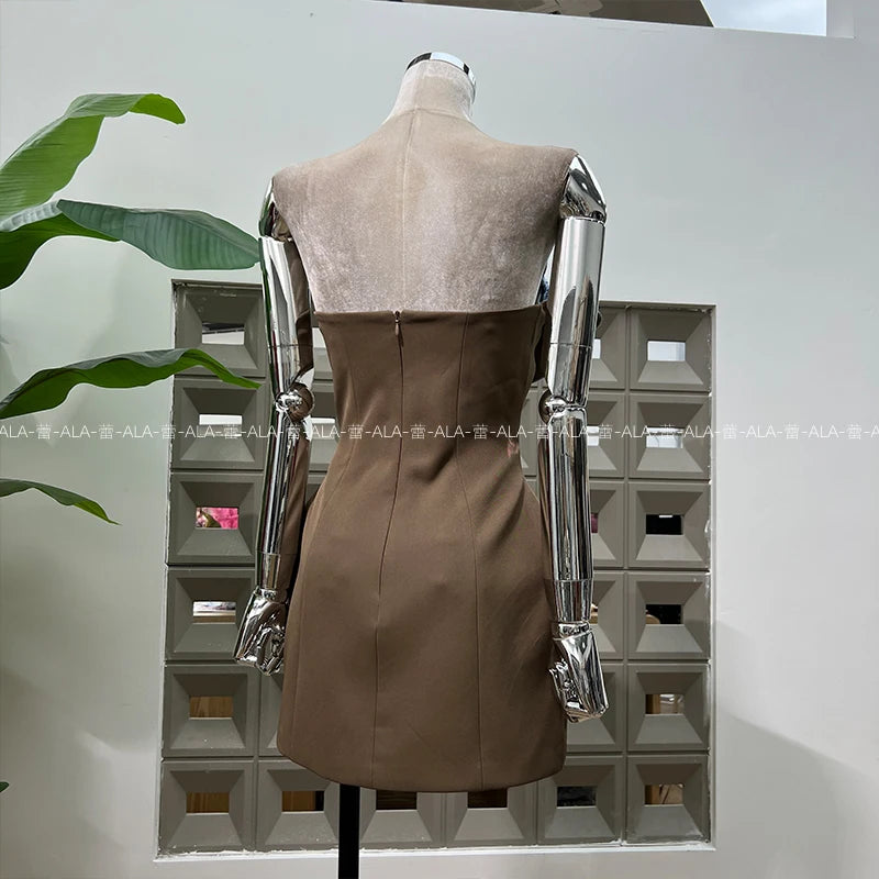 French Style Elegant Socialite 3D Floral Striped Sleeveless Double-Breasted High Waist Slim Sexy Birthday Party Mini Dress Women