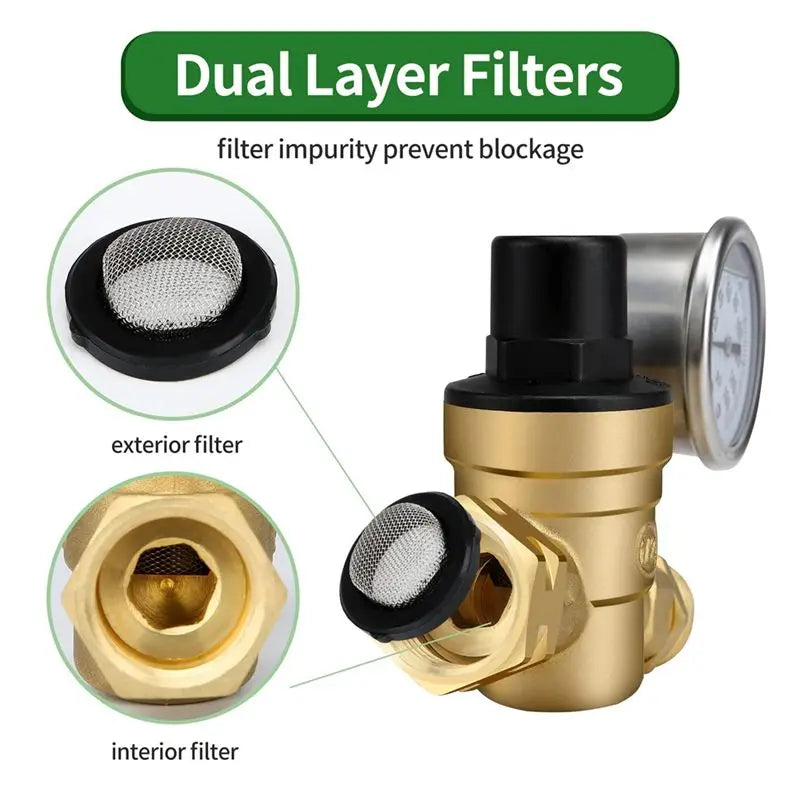 ABMH-1 PCS RV Water Pressure Regulator Valve Adjustable Water Pressure Reducer With Gauge And Inlet Screen Filter, Brass Lead-Fr