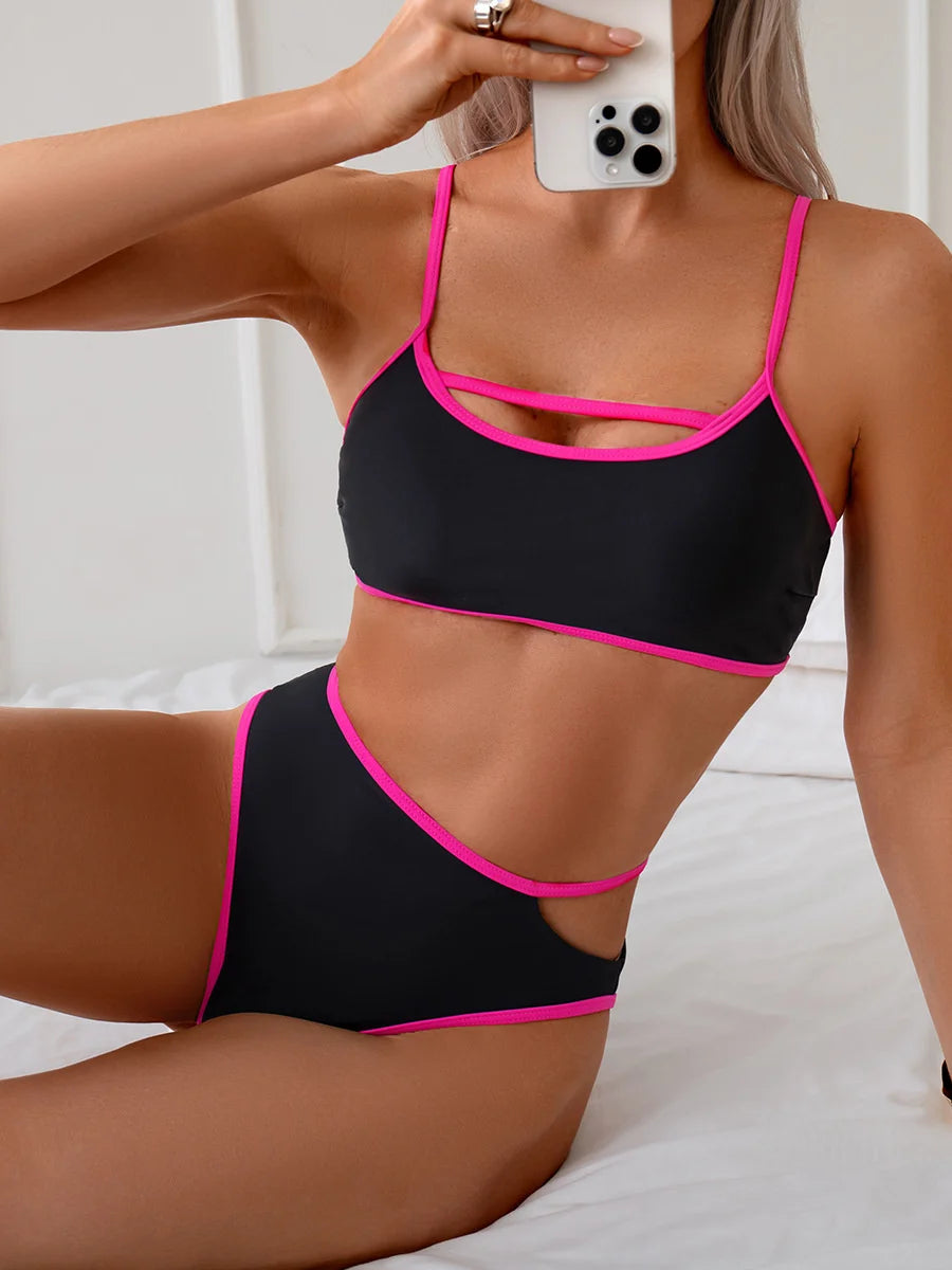 Fashion Women Mid Waist Bikini Set Two-Piece Color Block Swimsuit Bra And Shorts Bathing Suit With Chest Pad Surfing Vacation