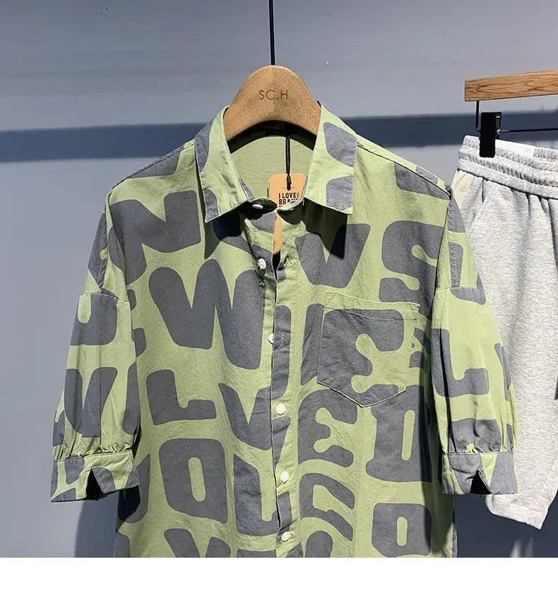 2024 Summer Trendy Men's Fashionable Lapel Full Body Letter Print High-end Versatile Casual Loose Oversized Short Sleeved Shirt