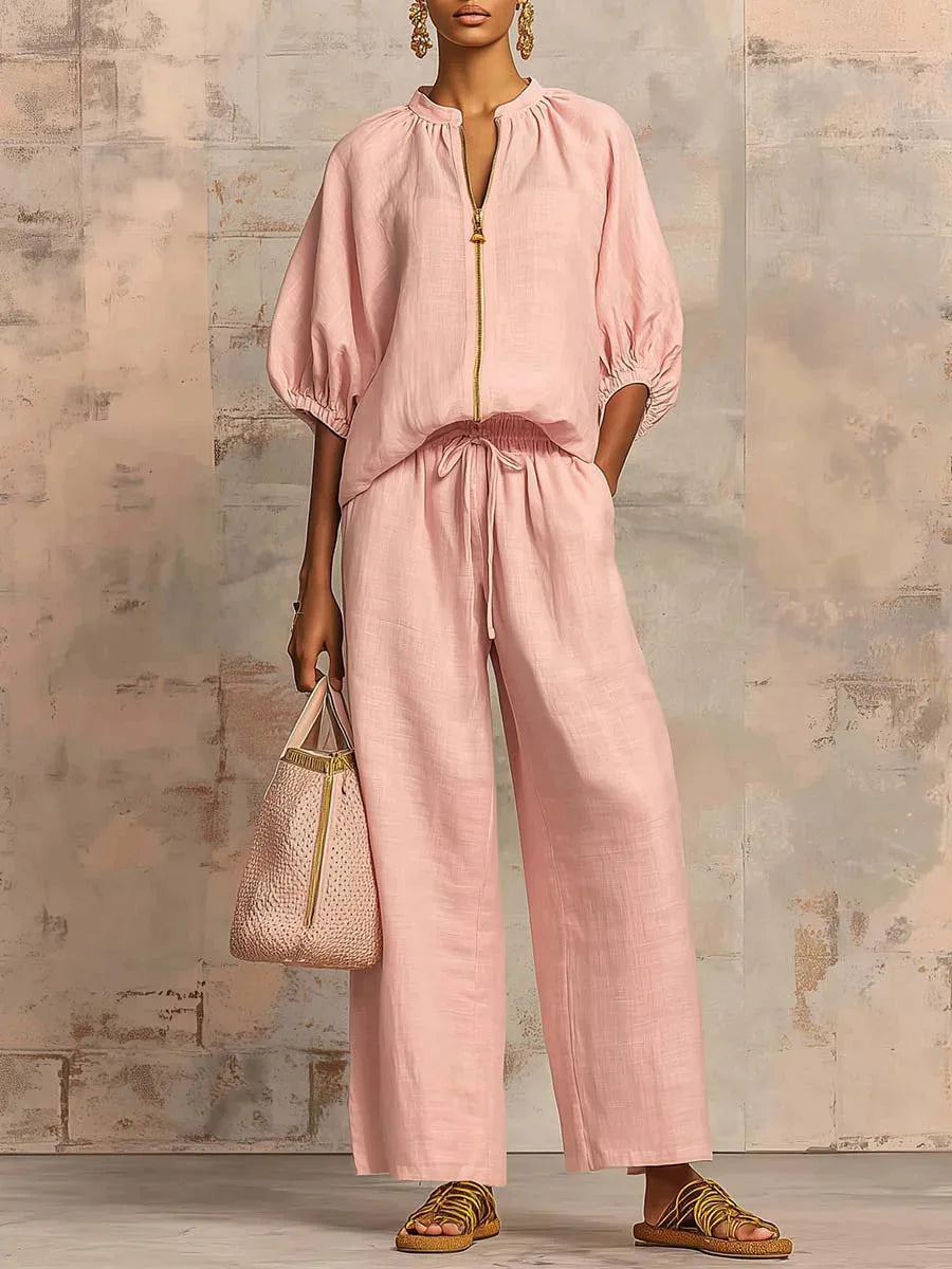 Summer Casual Women Two Piece Set Zipper Half Sleeve High Waist Round Neck Drawstring Pants Suit Women Loose Long Pants Suit