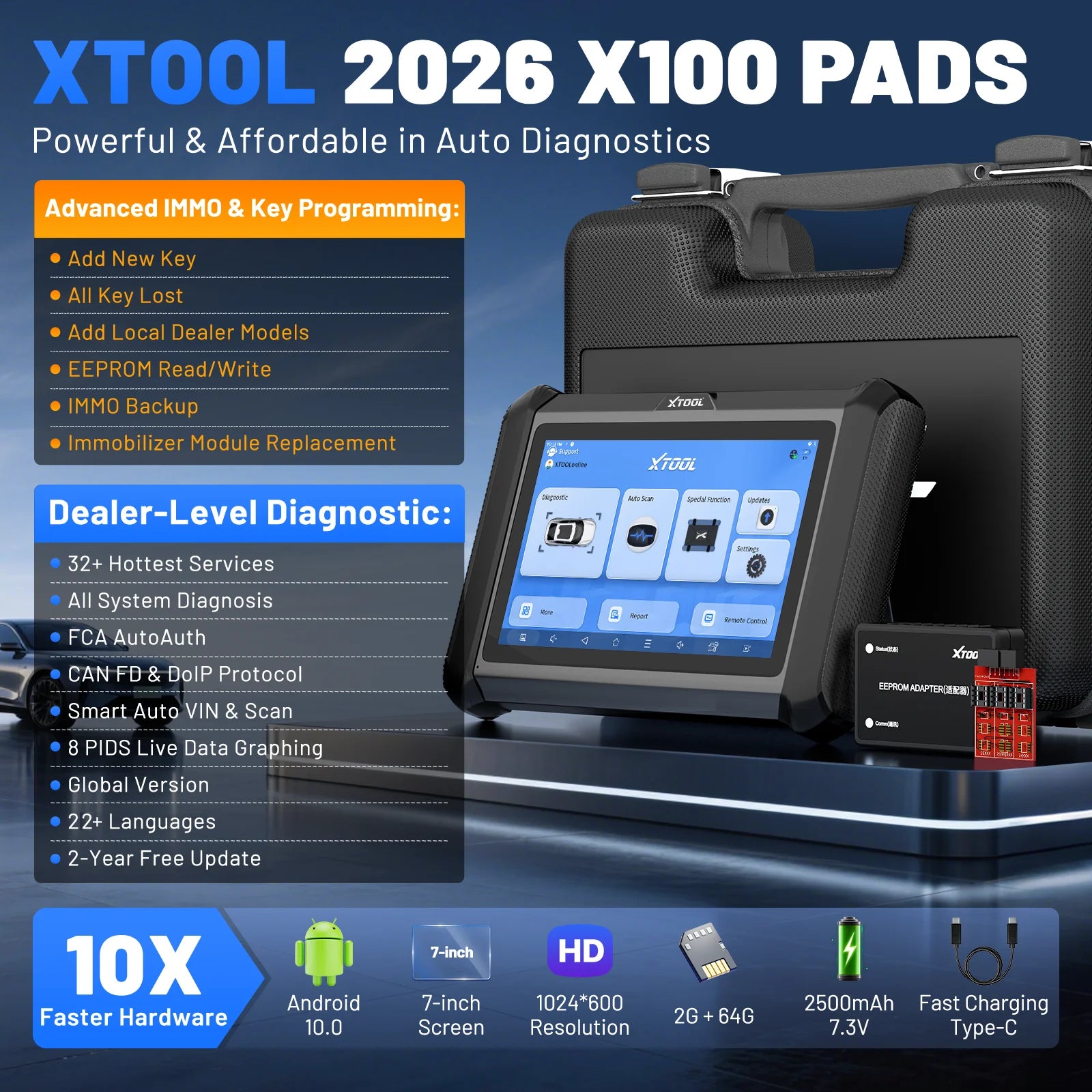 XTOOL X100 PADS V2.0 Key Programmer Automotive Scanner IMMO Read Write Chip All Key Lost OBD2 Diagnostic Tool With CANFD DOIP