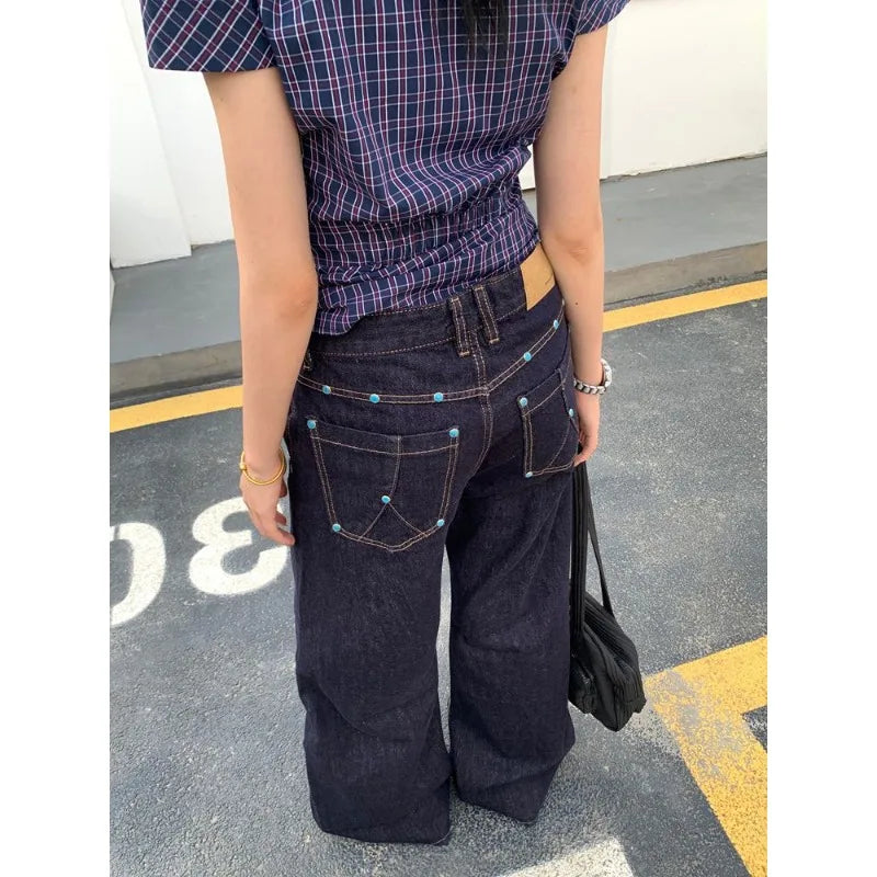 American Retro Blue Jeans Women Y2k Vintage Oversized High Street Wide Cargo Denim Trousers Casual Baggy Straight Denim Pants