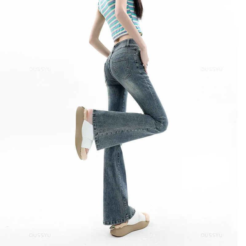 Women Jeans Cotton Denim Flared Pants Elastic Force Vintage Streetwear High Waist Slim Mom Harajuku Trousers Plus Length
