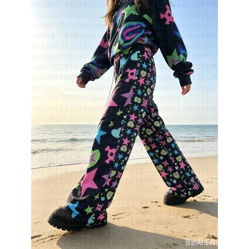 2026 New Black Universe Colorful Star Pants Spring New Cute Kawaii Yami Y2k Harajuku Style Fashionable Special Loose Kid Pants