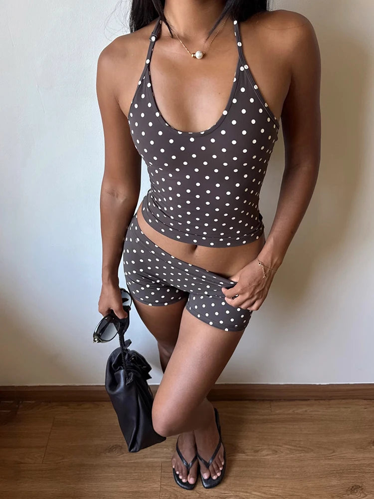 Weird Puss Polka Dot Print 2 Piece Set Women Trend Hottie Backless Halter Sleeveless Tank Top+Bike Short Fashion Street Clubwear