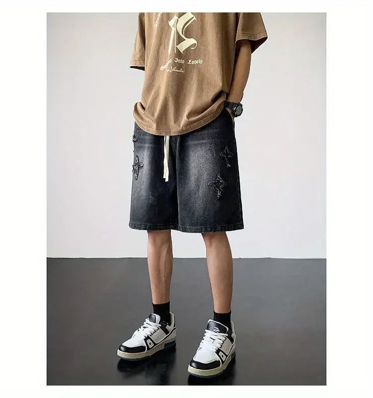 Embroidered Denim Shorts Men's Summer American Retro Street Five-point Pants Trendy Brand Trendy Loose