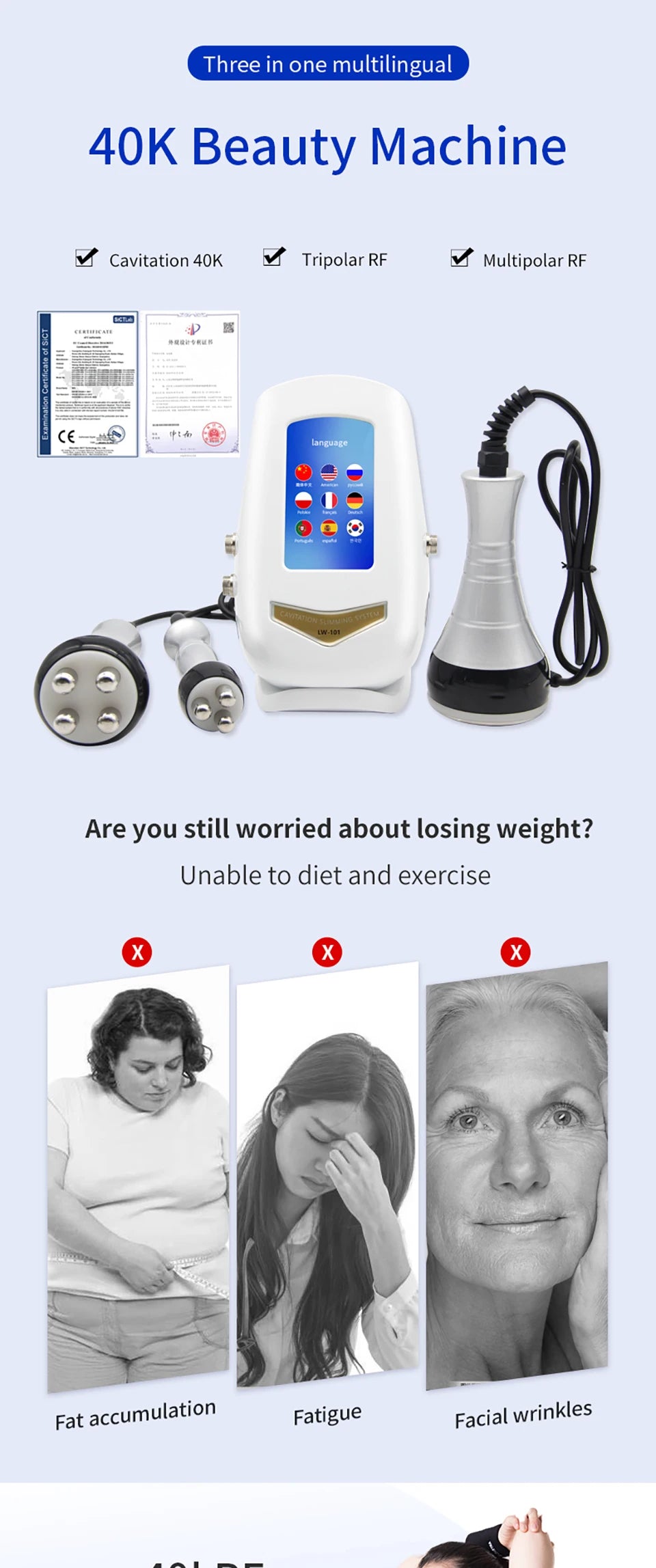 3in1 40K Cavitation RF Ultrasonic Body Slimming Machine  Beauty Device Facial Massager Care Tool Skin Tighten Face Lifting Skin