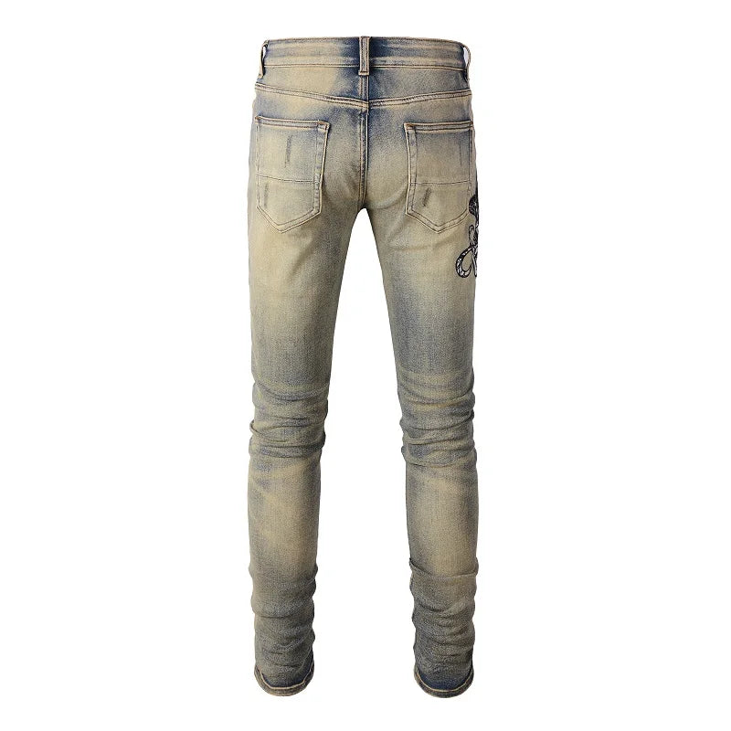 2026 New Men's Fashion Snake Embroidery Denim Jeans Vintage Blue Snakeskin Leather Patch Stretch Pants Skinny Tapered Trousers