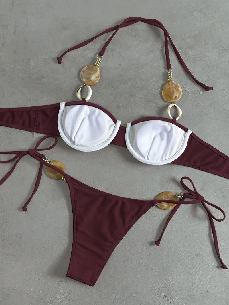 New Women's Sexy Halter Neck Backless Bikini Set Two-Piece Swimwear Solid Color Euro American Style Summer Beach Fashion