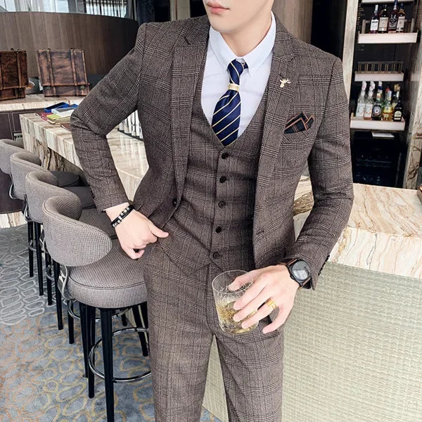 S-7XL ( Blazer + Vest + Pants ) Striped Plaid Solid Color Mens Formal Business Suit 3Pcs Set Groom Wedding Social Show Dress