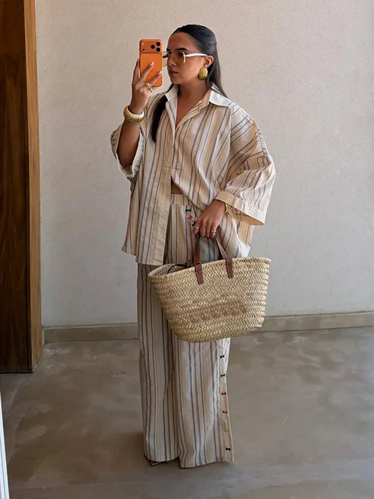 Loose Striped Contrast Wide Leg Pants Set Women Oversized Lapel Single Breasted Shirt Trousers 2026 Summer Lady Casual Outfits