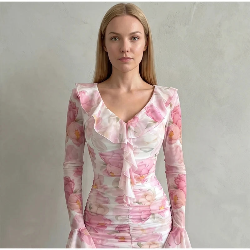 Women Pink Floral Print Maxi Dress Elegant V Neck Ruffle Trim Flare Sleeve Ruched High Chiffon Dresses 2026 Lady Party Vestido