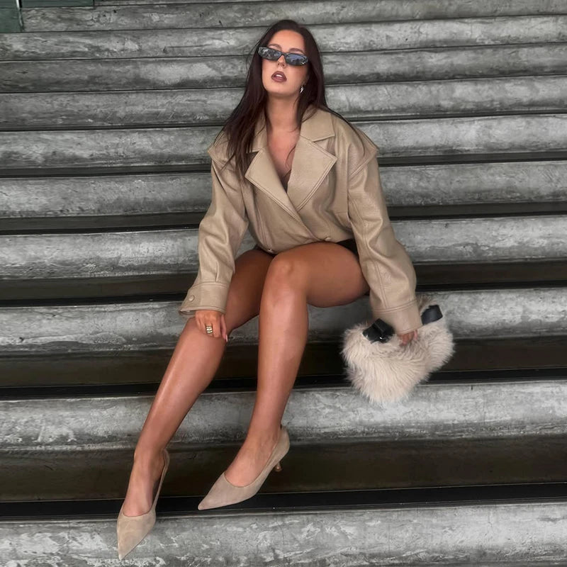 High Street Leather Jackets Women's Casual Double-breasted Turn Down Collar Loose Coats Elastic Waist 2026 Autumn New Outwear