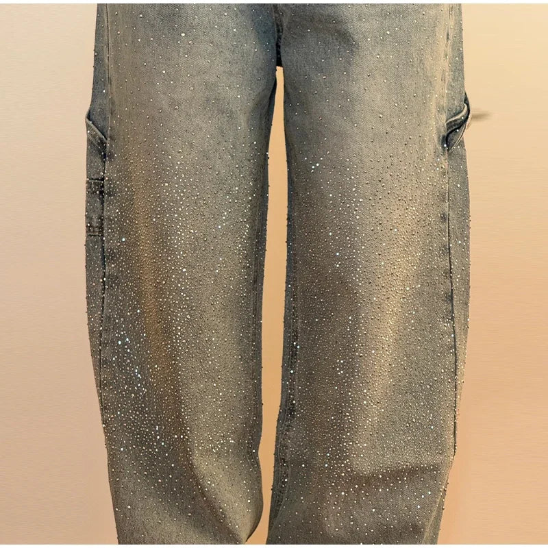 Shiny Rhinestone Baggy Women's Wide Leg Jeans Full Diamond Wide Leg Dragging Denim Pants Vintage Washed Pants Casual Trousers