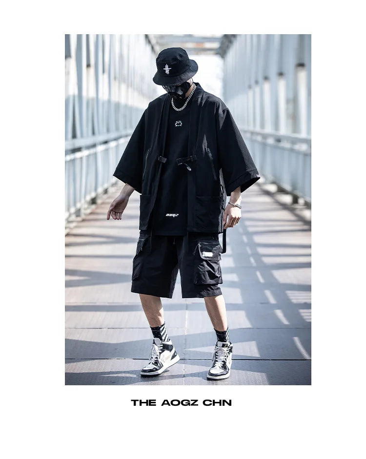 2023 Ribbon Hip Hop Punk Techwear Kimono Oversized Shirts Mens Japan Style Harajuku Casual Cargo Shirt Cloak