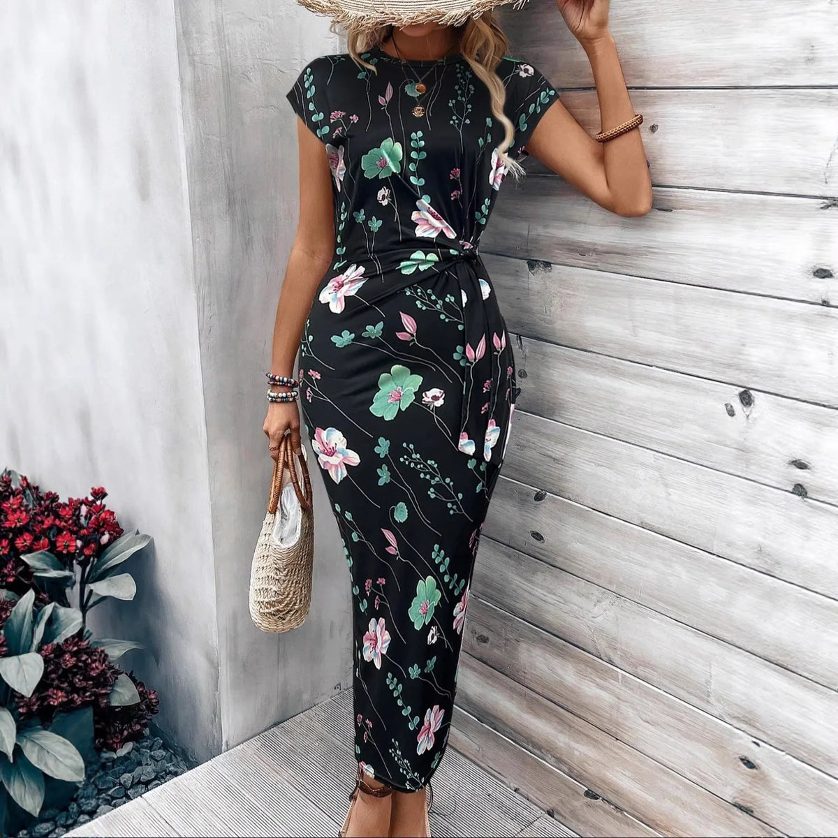 Summer New Leopard Print Short Sleeve Dress Waist-Cinching Commute round Neck Slim Fit Women's Fashion Dress