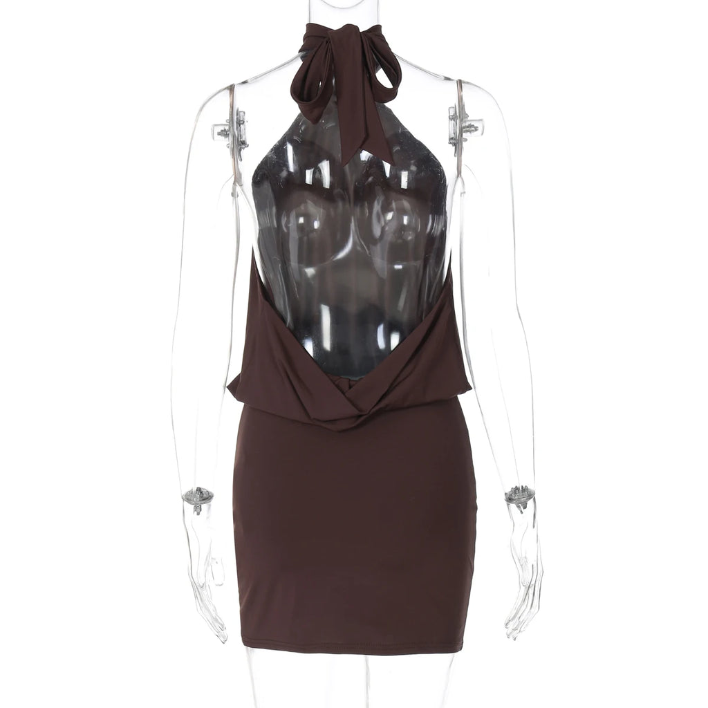 Hugcitar Fashion Halter Solid Sleeveless Backless Bandage Ruched Sexy Slim Mini Dress Summer Clothes Party Vacation Club