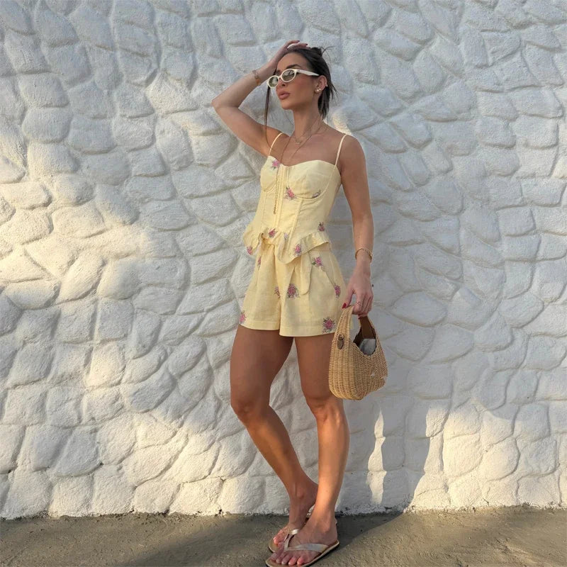 Fashion Print Spaghetti Strap Top Shorts Set Women Sleeveless Ruffled Hem Cropped Fishbone Corset Suit 2026 Lady Vacation Outfit
