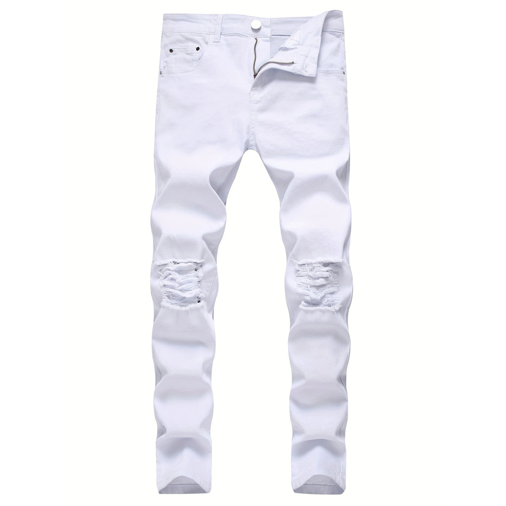 Skinny Stretch Ripped Jeans Men's Distressed Kpop Slim Fit Denim Pants American Street Style Rock Hip Hop White Black Trousers