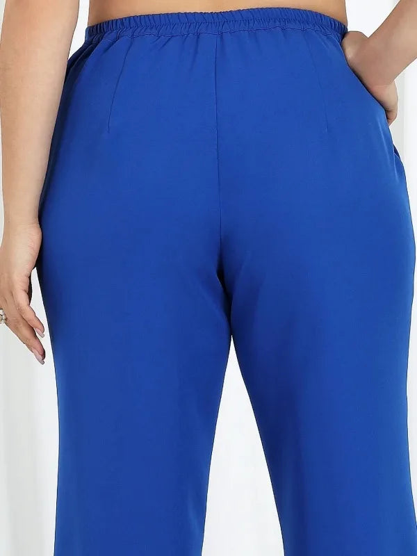 Women's Solid Chiffon Two Piece Sets Spring O-neck Mid-Sleeve Layered Ruffled Edges Long Top & Straight-leg Pants Sets Outfits