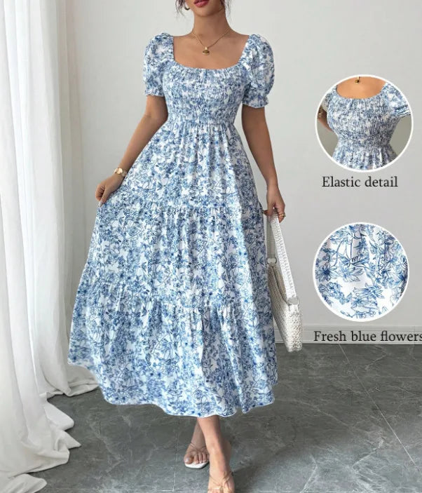 Spring and Autumn Women's Square Neck Short Sleeve Long Skirt Fresh Printed Casual Fashion Slight Backless Temperament Dress