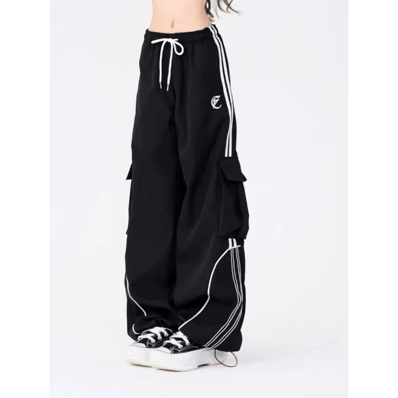 Y2K Black Striped Women Cargo Pants Korean Fashion Wide Leg Baggy Trousers Streetwear Autunm Harajuku Hip Hop Oversized Loose