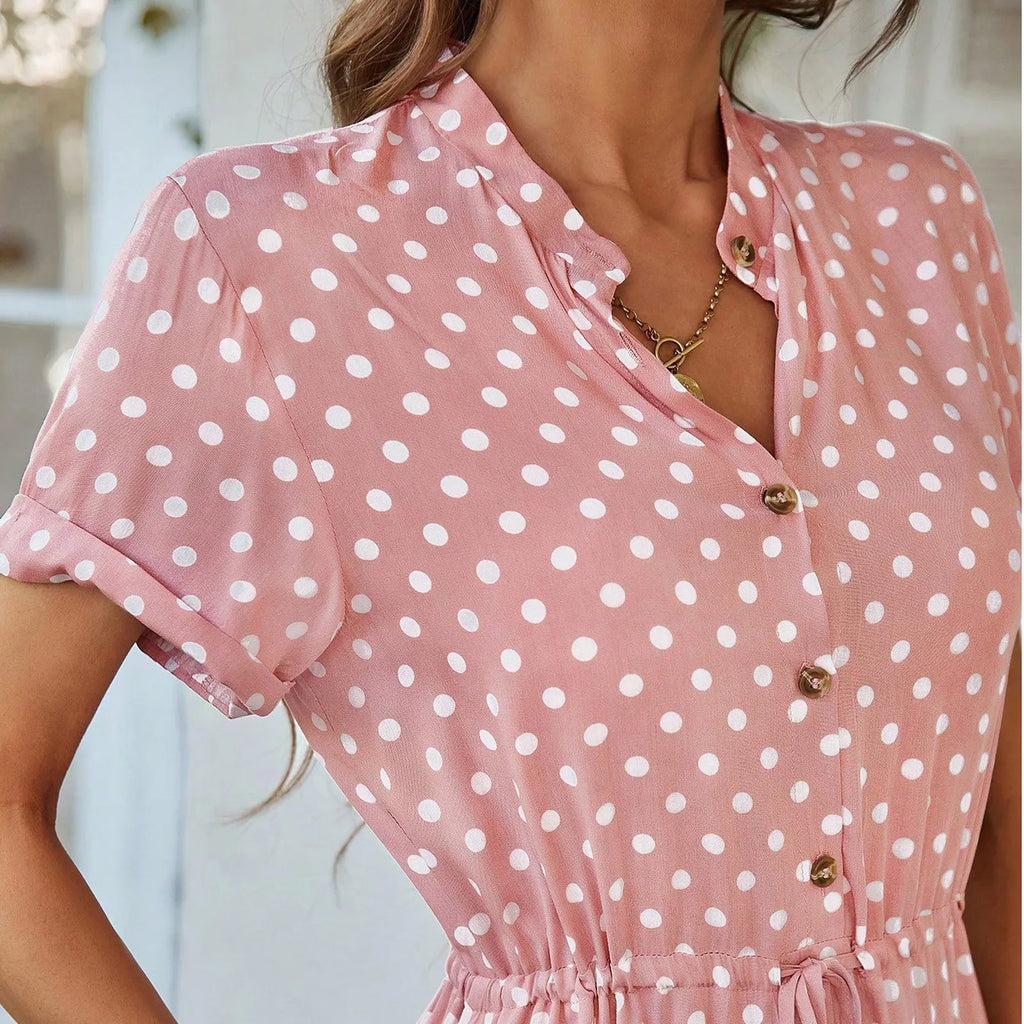 Elegant retro polka dot dress Women's Summer Midi Dress V Neck Single Breasted Short Sleeve Dresses Fashion Print Dress
