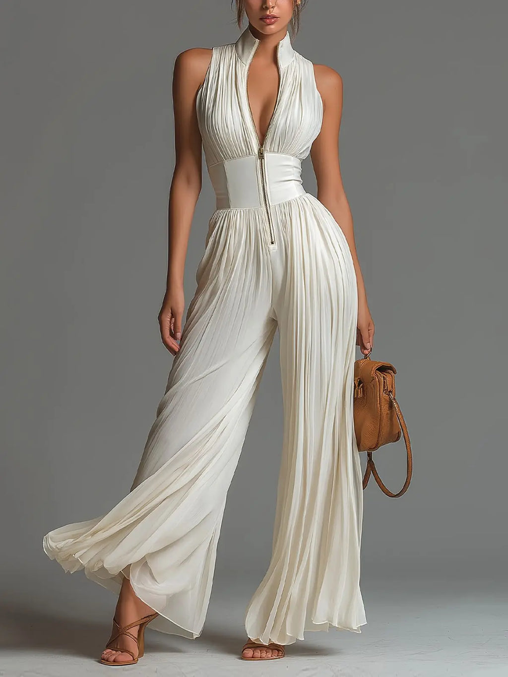 White Pleated Neck Women's Jumpsuit Long Wide Leg Fashionable Sexy Pleated