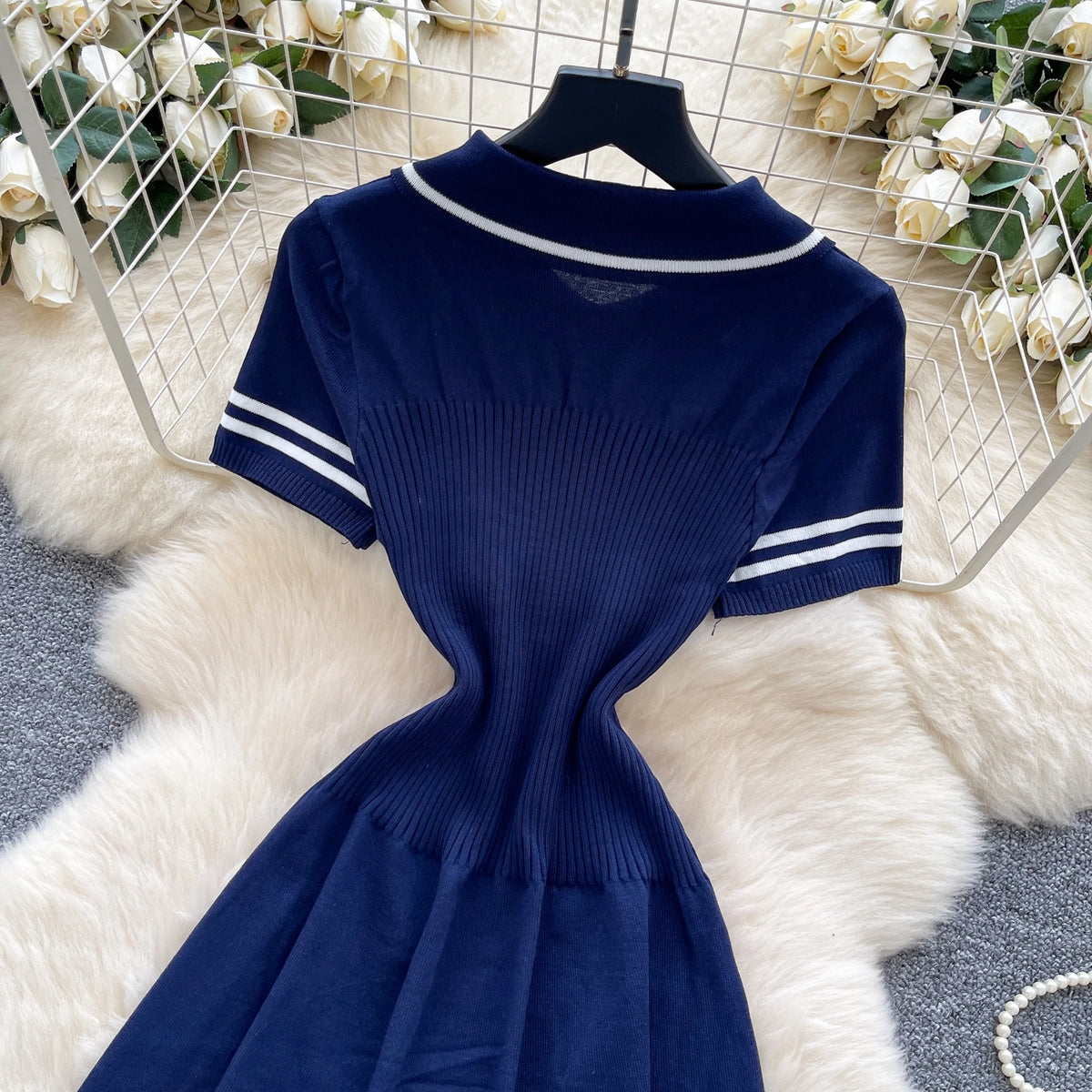 New Summer Women Sailor Collar Short Sleeve Knitted Dress Sundress Bow Lace Up Elatic Bodycon Pencil Vestidos Short Dress