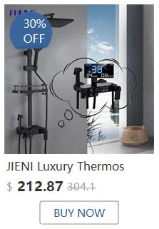 JIENI Bathroom Thermostatic Shower Faucet Set Antique Brass Wall Mounted Rainfall Shower Head W/ Single Handle Control Mixer Tap
