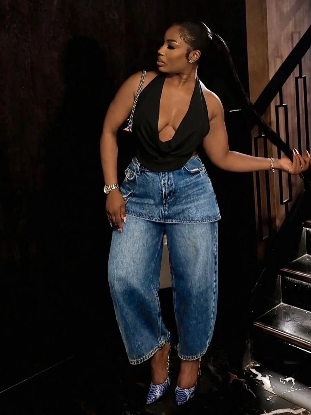 Fashion High Waist Denim Wide Leg Jeans for Women Detachable Skirt Layered Cargo Pocket Streetwear Baggy Jeans Denim Trousers