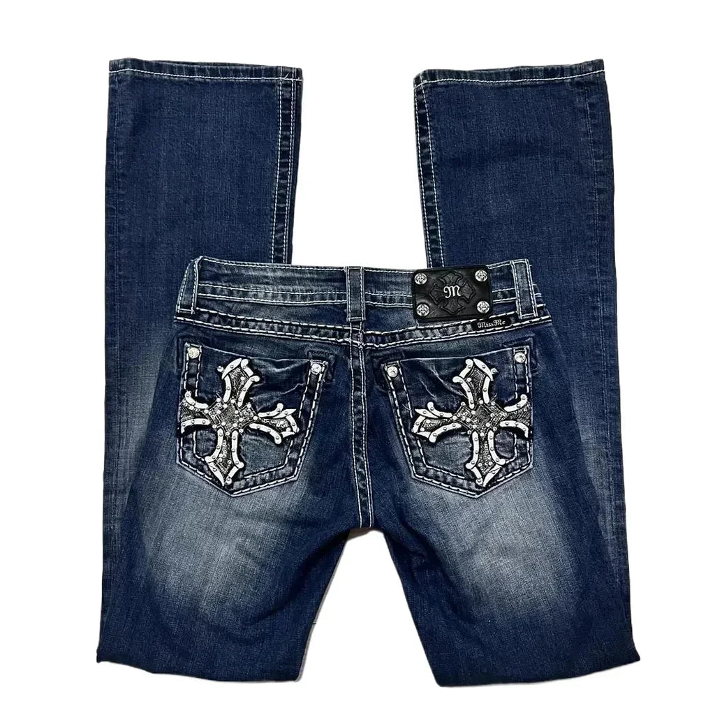 Y2K New Gothic Blue Denim Embroidery Harajuku Wide Pants Revival Mens Jeans Foliage Bootcut Women Pocket Hip Hop Streetwear