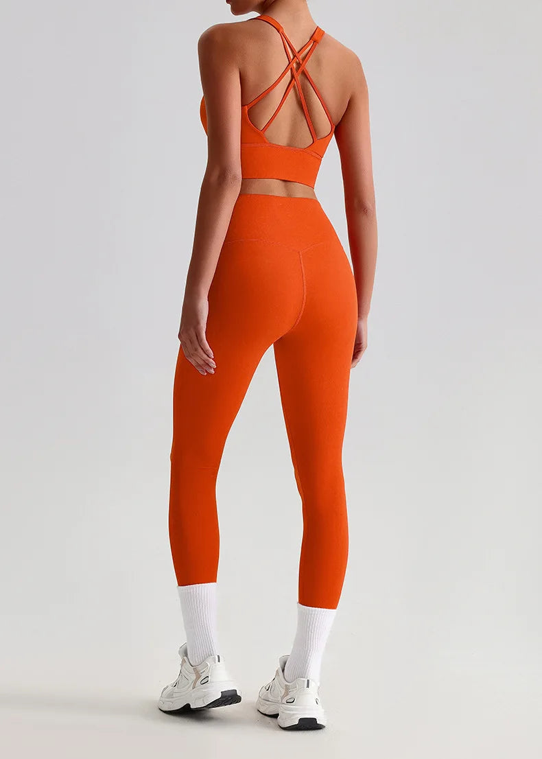 Naked Feel Yoga Set Women Fitness Sportswear 2 Piece Strappy Sports Bra High Waist Gym Leggings Workout Outfit Active Wear