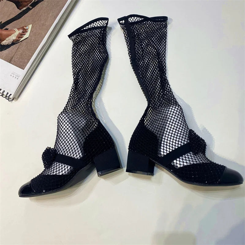 Spring Summer 2023new Rhinestone Bowkno Sexy Mesh Boots High Heels Small Fragrance Style Sandals Europe America Big Size 45 46